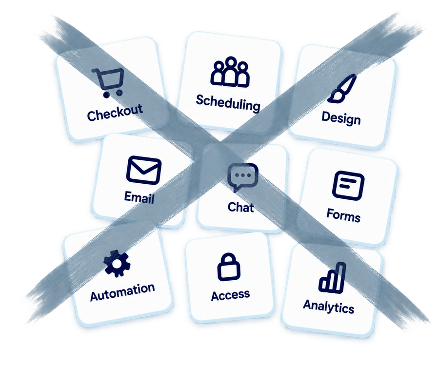 Nine separate software tools crossed out with natural brush strokes