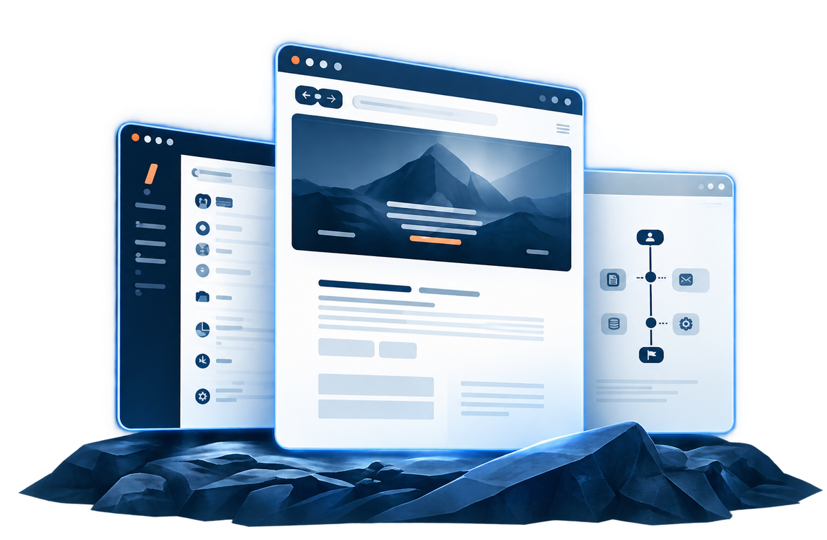 Custom business system shown across desktop, tablet and phone screens